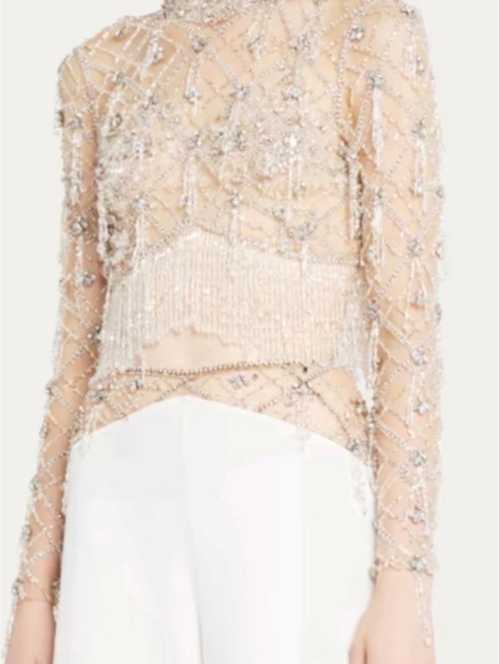 PatBo Runway Beaded Fringe Cropped Blouse in Beige & Silver